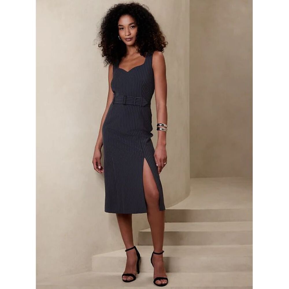 NWT Banana Republic Midi Sheath Dress Navy Stripe Womens 16 Slit Adjustable Belt